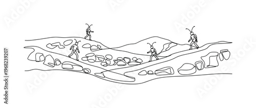 Planetary Life. Minimalistic one-line drawing Martians exploring rocky hills and surfaces, continuous single black line on white background, simple outline