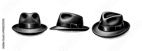 Hat fedora A realistic fedora hat with defined crown and brim shown in three views: front view, side profile, and angled perspective, focusing on felt volume