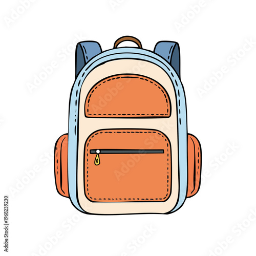 Cute orange and blue backpack with zippers and pockets for school or travel essentials