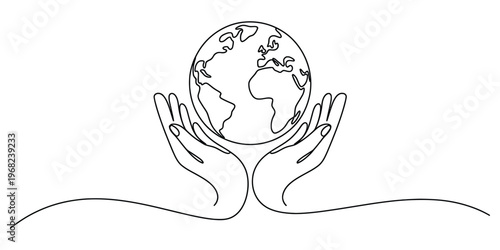 Continuous One Line Drawing of Hands Holding Globe