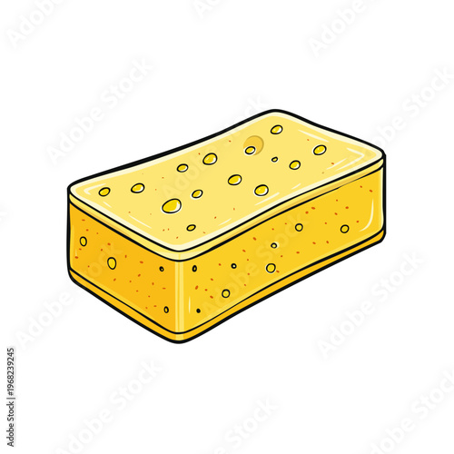 Bright yellow rectangular sponge with circular pores and a clean white background