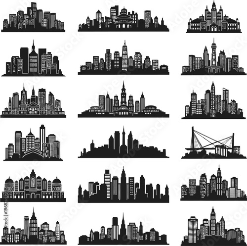 Collection of City Skylines Silhouettes Vector Art.