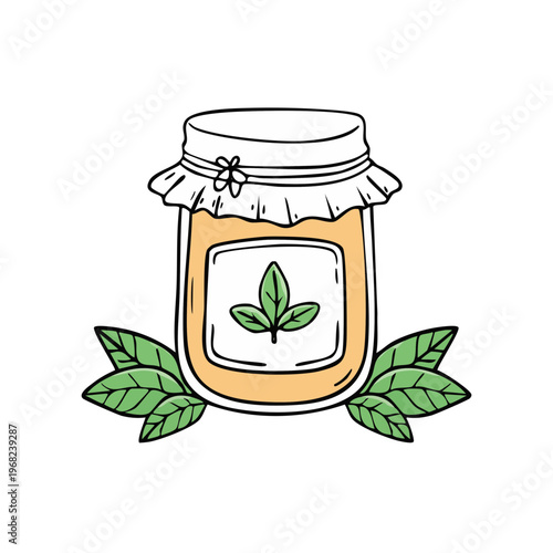 Hand Drawn Jar of Honey with Green Leaves Ingredient Symbol
