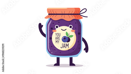 Cheerful cartoon blueberry jam jar character waving its hand with a custom label that says You Are My Jam on a white background.