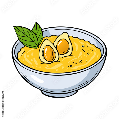 Delicious yellow porridge served in a white bowl garnished with halved boiled eggs and fresh green leaves