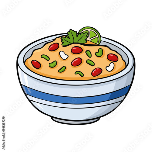 Savory dip served in a decorative bowl with fresh toppings and a lime wedge