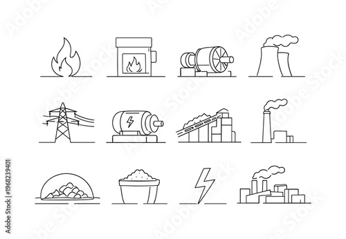 Coal Energy Production. Minimalistic set one-line drawing coal burning flame, boiler furnace, steam turbine, cooling tower silhouette, transmission power