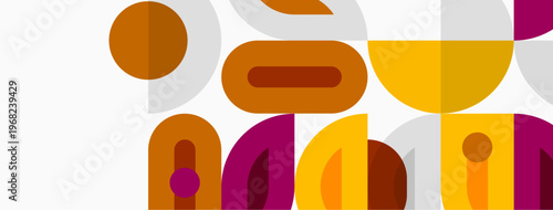 Abstract geometric shapes overlap. Warm colors dominate design, creating modern aesthetic. Minimalist composition, simple forms.