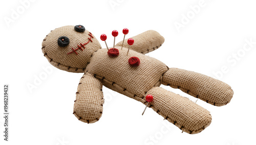 Konstfotografi Creepy burlap voodoo doll with red pushpins stuck in its body face stitched with