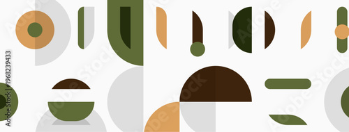 Abstract geometric shapes, muted colors, minimalist design. Composition features circles, rectangles, semicircles, lines. Modern aesthetic.