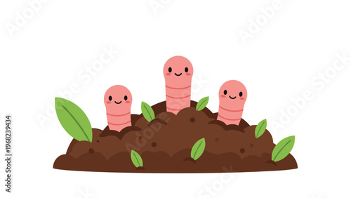 Three adorable smiling pink worm characters emerging from a pile of dark brown soil with green leaves scattered around.