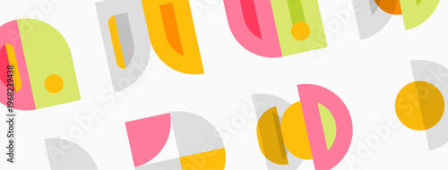 Abstract pattern features overlapping semicircles, dots. Soft pastel colors create playful, modern aesthetic. Simple shapes repeat across surface.