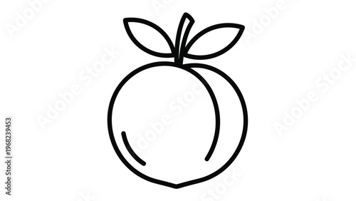Simple black and white line art illustration of a round peach fruit with two small leaves attached to a short stem.
