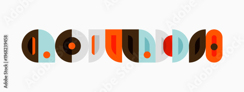 Retro design features repeating geometric shapes. Brown, orange, beige tones create midcentury modern aesthetic. Simple, clean composition.