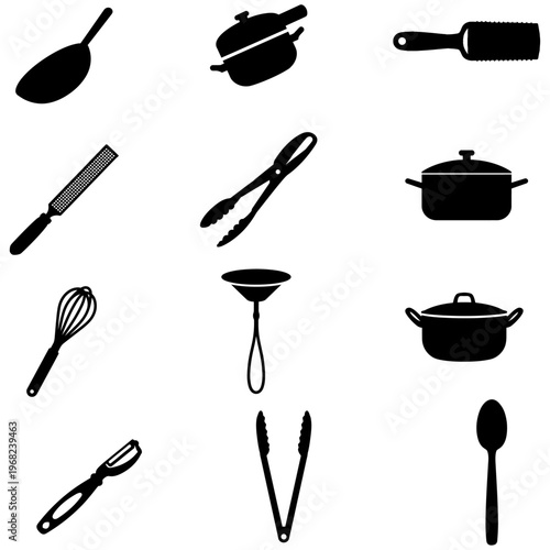 Kitchen utensils icons colander pot knife mixer pasta maker slicer tongs. Cooking tools vector illustration set black silhouettes.