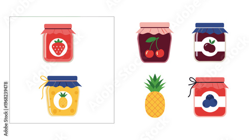 Assortment of jam jars with various fruit labels including strawberry, cherry, plum, pineapple, and blueberry on white.
