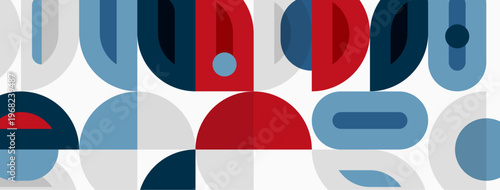 Abstract geometric pattern. Overlapping shapes create modern design. Blue, red, gray tones dominate composition. Simple forms repeat.