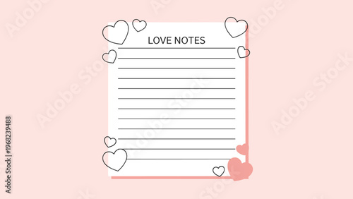 Lined notepad titled love notes decorated with several small black heart outlines and pink filled hearts on a pink background.