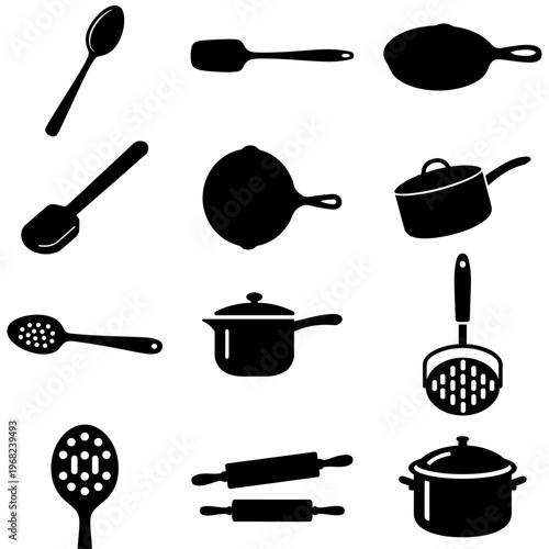 Kitchen tools icons meat grinder slicer spatula knife grater mallet coffee press. Cooking utensils vector illustration set.