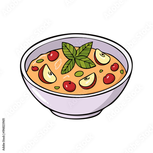 Wholesome fruit porridge bowl with fresh mint garnish and apple slices and cherries