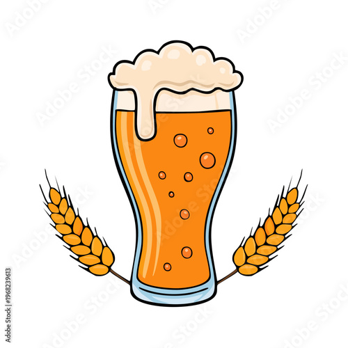 A refreshing glass of amber beer with a foamy head and wheat stalks