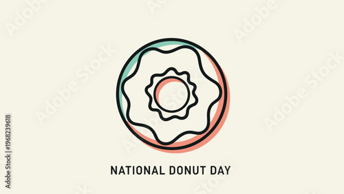 Minimalist circular icon of a donut with wavy frosting and a central hole above the text National Donut Day on cream.