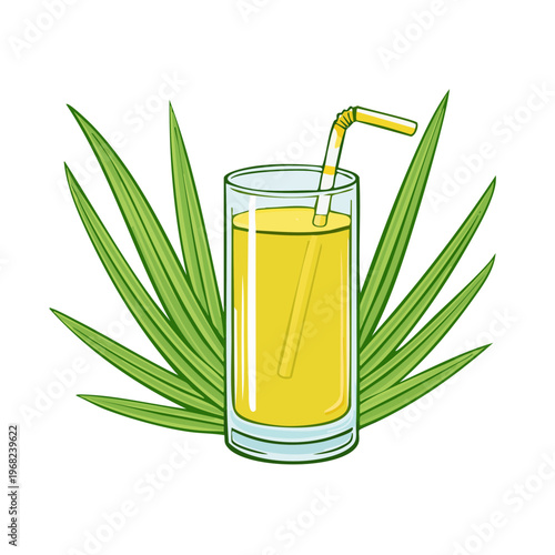 Tall glass of yellow tropical juice with straw and green palm leaves