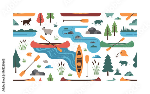 canoe lake motifs seamless pattern, repeating pattern, surface design, textile print, modern illustration of kayaks, canoes, paddles, rivers, lakes, wildlife,
