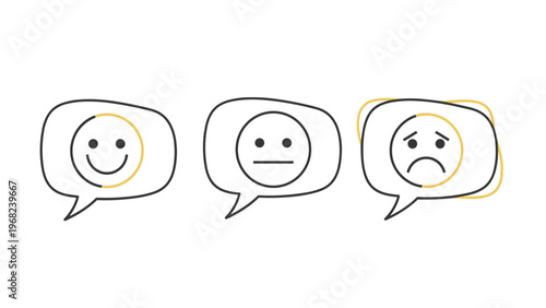 Three speech bubbles featuring simple emoji faces that represent happy, neutral, and sad emotional states for feedback on white background.
