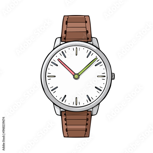 Classic Wristwatch with Leather Band Featuring White Face and Colorful Hands for Timekeeping