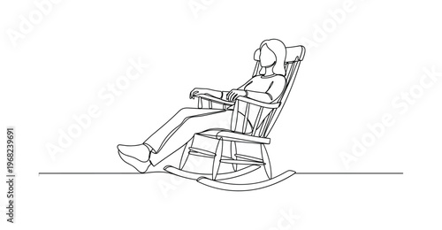 Relaxing Rocker. Minimalistic one-line drawing person gently rocking in wooden chair, continuous single black line on white background, simple outline style,