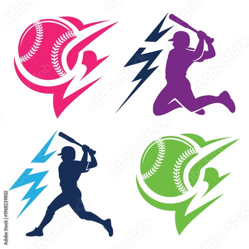 Fastpitch softball players striking lightning bolts, dynamic hand drawn vector illustration in black and white