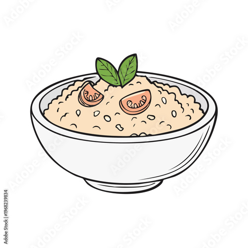 Hand-drawn illustration of a bowl of oatmeal topped with sliced tomatoes and mint leaves
