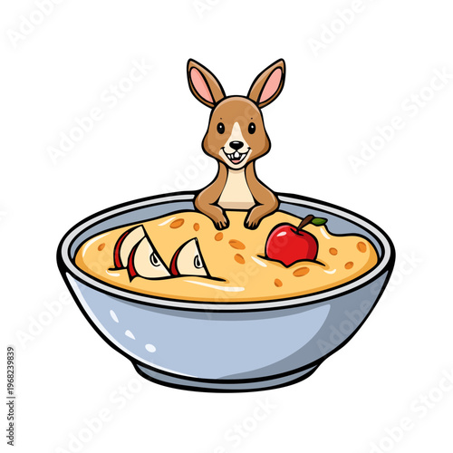 Cute cartoon kangaroo peeking out of a bowl of oatmeal with apple slices and cherry