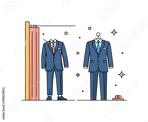 Tailored outfits fitting room scene where a person tries on a tailored suit while tiny sparkle and star icons highlight personal style, refinement, and fashion