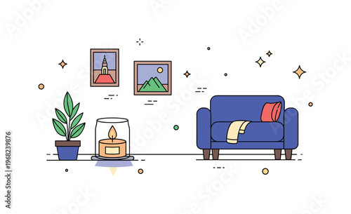 Quiet apartment evening candlelight scene where a small candle casts soft shadows in a minimalist interior while small sparkle and line icons emphasize calm,