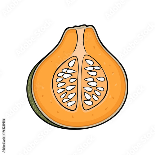 Half of a ripe orange pumpkin cut open showing seeds and flesh