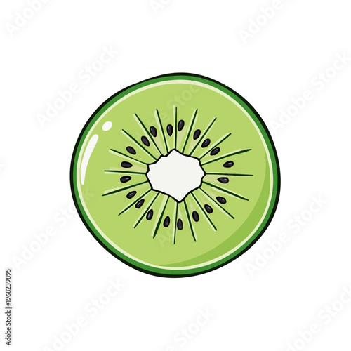 Vibrant cross section of a juicy kiwi fruit with black seeds and green flesh illustration