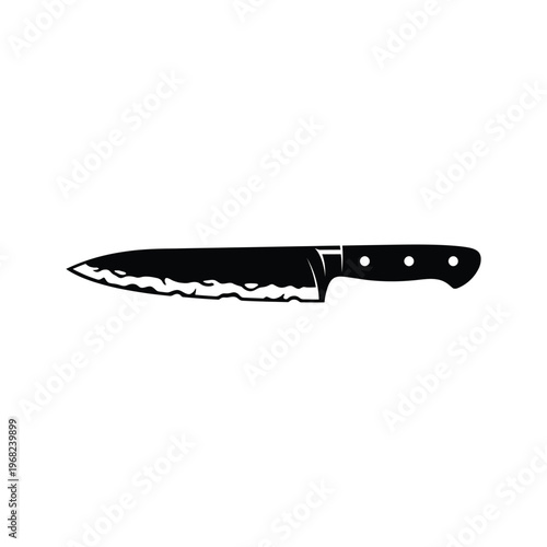 Black kitchen knife with serrated blade and three rivets on handle black handle cooking utensil