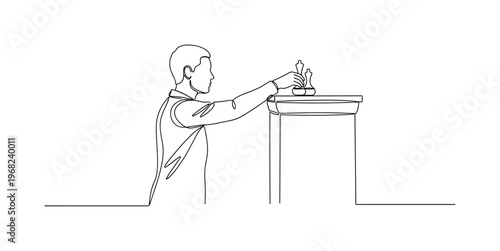 Ritual Offering. Minimalistic one-line drawing person placing objects on altar during ancient ceremony, continuous single black line on white background,