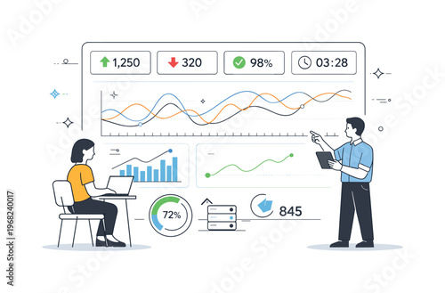 Real-time data monitoring dashboard. A large screen with line charts and indicators updating smoothly, conveying continuous data flow. The mood is focused,