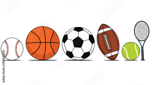 Collection of various sports equipment including a baseball, basketball, soccer ball, football, tennis ball, and a racquet lined up together.
