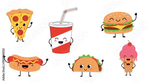 Group of cute fast food characters with happy faces including pizza, soda, burger, hot dog, taco, and ice cream cone waving their hands joyfully.