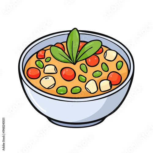 Cartoon bowl of hearty vegetable soup with fresh herbs and white beans