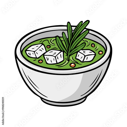 Whimsical illustration of a bowl of vibrant green soup topped with creamy feta cheese cubes and fresh rosemary herbs