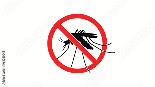 Red prohibition sign with a black mosquito silhouette in the center indicating an insect-free zone or prevention of mosquito-borne diseases.