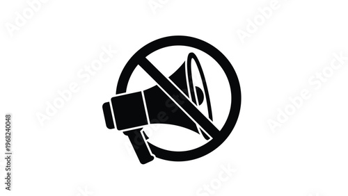 Black and white silence sign showing a megaphone silhouette behind a red prohibition circle to represent a no noise zone or quiet environment.