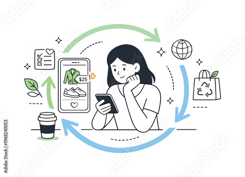 Circular economy shopping. A shopper browsing a resale app with reused items, thoughtful decision-making and eco awareness, calm digital experience with