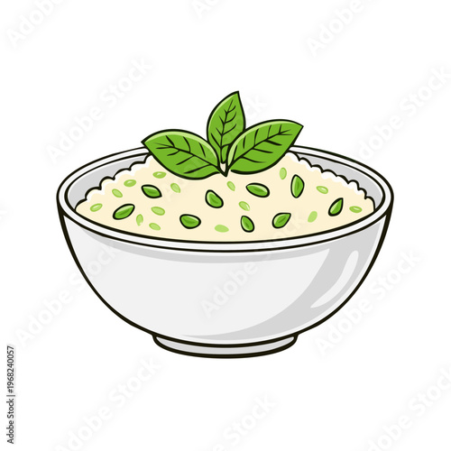 Healthy Oatmeal with Green Peas and Fresh Basil Leaves in a White Bowl