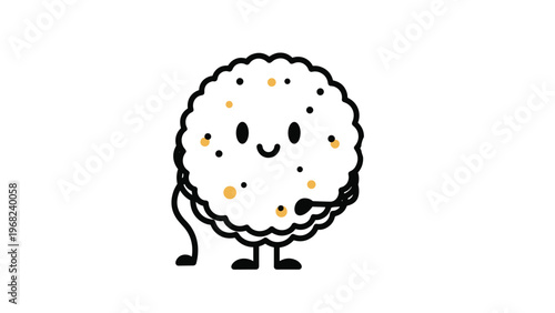 Adorable round white cracker or biscuit character with a happy face and thin black legs standing on a plain white background for snack branding.